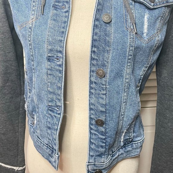 Hollister Blue Grey Distressed Hooded Denim Jean Jacket Size S Small - Picture 11 of 14